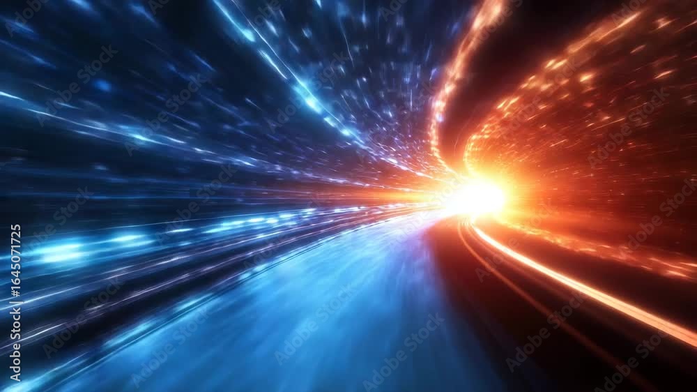Wall mural light speed tunnel glowing blue orange particles create dynamic futuristic motion energy vibrant cos