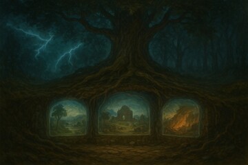 A massive tree with three portals below is shown.