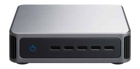Fanless mini-PC with aluminum chassis and multiple USB-C ports for silent operation