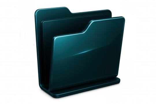 Teal glossy folder icon representing digital data storage, floating on transparent surface for versatile graphic design implementation