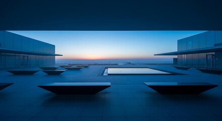 Fototapeta premium Modern architectural oasis at sunset