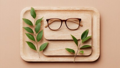 Brown-framed glasses rest on nested wooden trays, adorned with vibrant green sprigs on a neutral backdrop