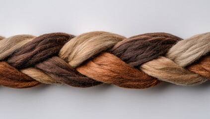 A close-up of a three-strand braid composed of thick, textured yarn in varying shades of brown and beige, set against a stark white backdrop