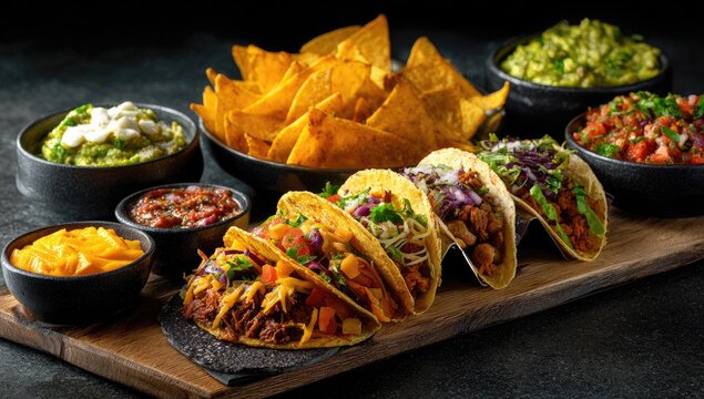 A vibrant spread of four tacos, assorted salsas, guacamole, cheese sauce, and tortilla chips arranged on a rustic wooden board against a dark background