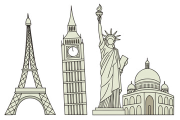 Vector illustration of iconic London architecture and monuments with a glimpse of the Eiffel Tower, symbolizing European travel and tourism