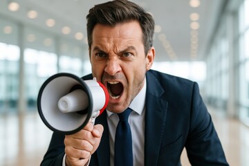 Man shouting into megaphone in corporate office setting