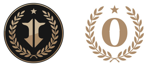 Two emblems featuring a star and a wreath design with a letter inside each emblem design element