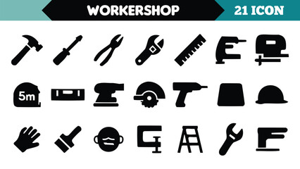 Fototapeta premium Collection of workshop and construction tools and safety equipment icons isolated on white background