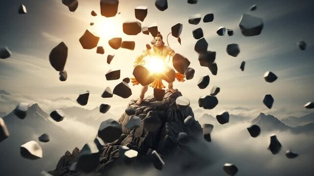Hanuman breaking free from massive chains on mountaintop