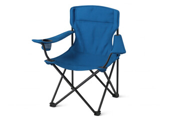 Portable blue folding chair ideal for camping, featuring a convenient cup holder, isolated on a transparent background