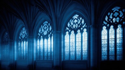 Obraz premium Ethereal blue-lit gothic architecture featuring intricate stained glass windows in a serene ambiance