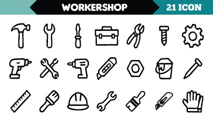 Collection of workshop and construction tools icons in a simple line art style isolated on white background
