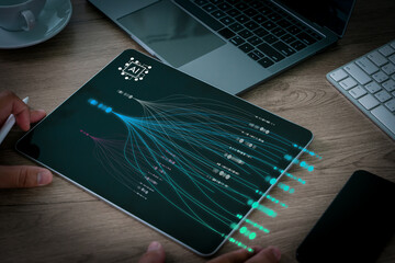 AI recommendation concept with tablet displaying abstract data flow and neural network diagram, symbolizing artificial intelligence, predictive analytics, and innovative digital business solutions.
