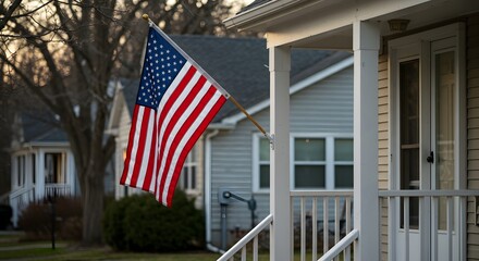 Proud American Flag Displayed on a Residential House Porch, Symbolizing Patriotism and Community Spirit