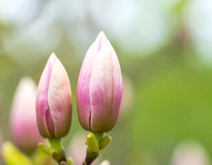 Obraz premium Two pale pink magnolia flower buds about to bloom on a branch, blurred green background