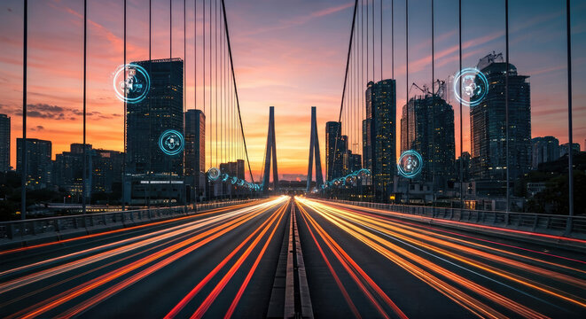 Cityscape at Sunset with Bridge and Light Streaks - Powered by Adobe