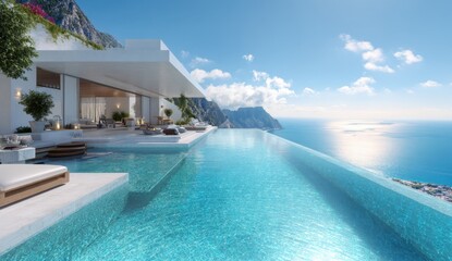 Fototapeta premium Luxurious modern villa with infinity pool overlooking the ocean under a bright blue sky