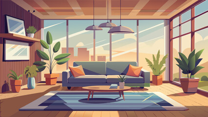 Illustration of a sunlit living room with plants sofa and a view of a city skyline in the background