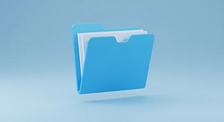 Blue Folder Icon with Papers on a Light Blue Background, 3D Rendering