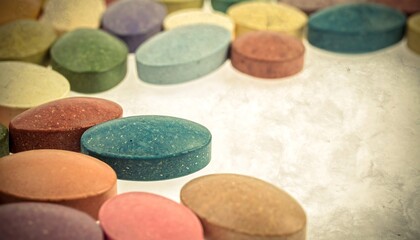 Colorful Oval Pills Arranged on Textured White Surface