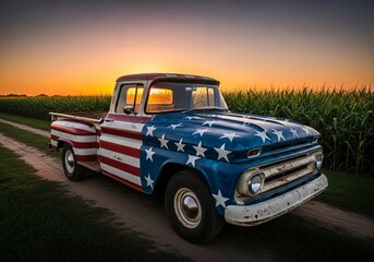 Vintage American Pride: Flag-Painted Truck Against a Vibrant Rural Sunset.