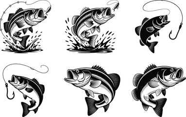 Fishing Bass Silhouette, Bass Fish Vector, Largemouth Bass Clipart, Angler Fishing Silhouette, Sport Fishing Vector