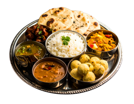 Festive Indian Thali with Sweets, Rice, and Curry Dishes on Silver Plate, isolated on transparent background