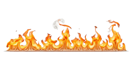 A dynamic, horizontal band of vibrant, intense orange and yellow flames with clear contours and rising light grey smoke wisps, isolated against a clean, transparent studio background, ultra realistic