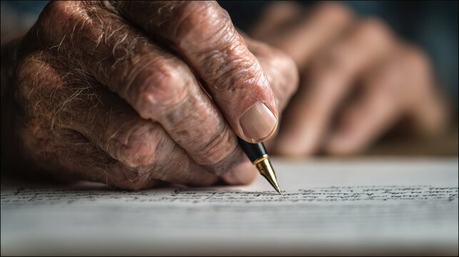 Close-up shot of an aged hand meticulously writing with a pen on a piece of paper, capturing the essence of documentation.
