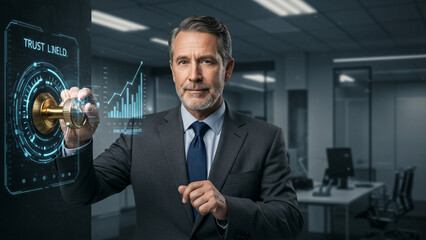 Businessman adjusting a futuristic digital interface dial for trust level, managing corporate security and data access control in a modern office.