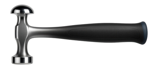 Planishing hammer with a polished, domed face and lightweight handle for smoothing metal surfaces.