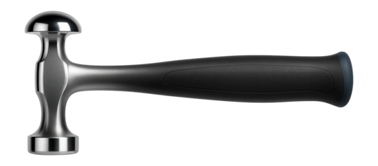 Planishing hammer with a polished, domed face and lightweight handle for smoothing metal surfaces.