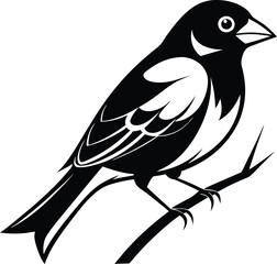Obraz premium Black and White Bird Illustration: Sparrow Perched on Branch