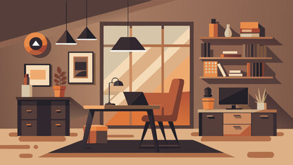 Illustration of a modern home office interior with desk chair and shelves in neutral colors
