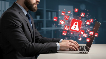 Cybersecurity professional working on laptop, with digital security lock icons illustrating network data protection and online safety