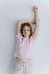 Pretty young blondie tender teenage caucasian girl. Close up portrait of a young woman