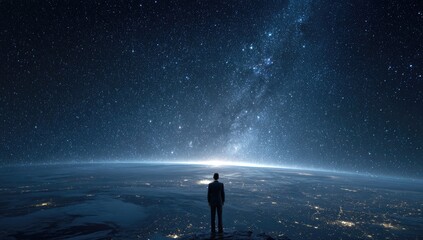 A lone figure in a suit stands on a high vantage point, gazing at a sunrise over a planet's curving horizon, with a vibrant galaxy stretching across the night sky above