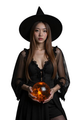 mystical witch with crystal ball on transparent background