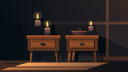 A dimly lit room featuring two wooden nightstands with candles and a bowl on one of them near a window