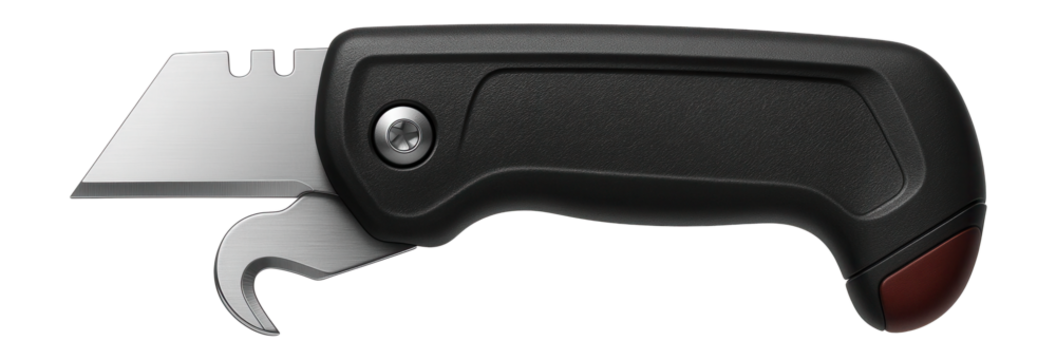 Dual-blade roofing knife with interchangeable straight and hook blades for versatility in a professional roofing job.