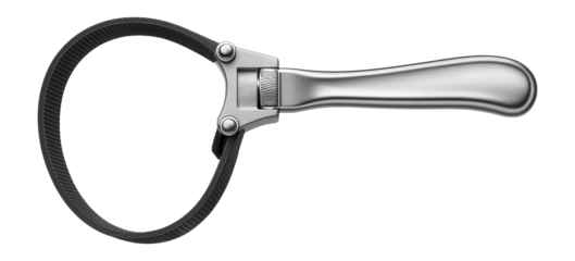 Adjustable strap oil filter wrench with a rubberized loop for a secure grip in an automotive repair garage.