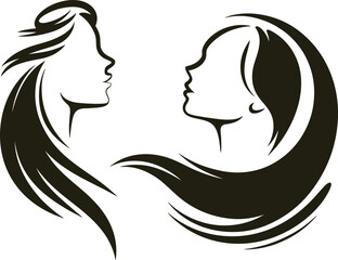 Elegant woman silhouette profile with flowing hair, minimalist abstract design, black and white vector art, CAD drawing style