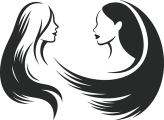 Elegant vector illustration of two women's profiles with long flowing hair, a beautiful black and white logo for a salon.
