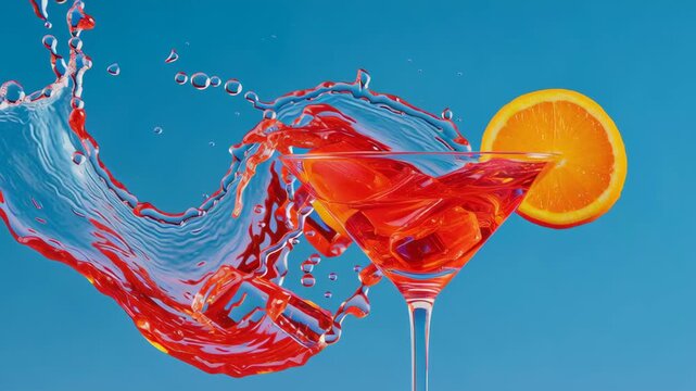 Vibrant cocktail in a martini glass splashes with dynamic water motion, showcasing the refreshing drink's vivid colors and textures, accompanied by a bright orange slice, capturing the essence of summ