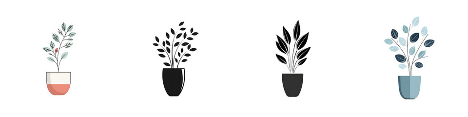 Obraz premium Four Potted Plants Silhouettes and Colors on White Background