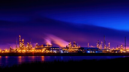 Fototapeta premium Industrial skyline at dusk, illuminated by orange lights, reflecting on the water with a vibrant sky