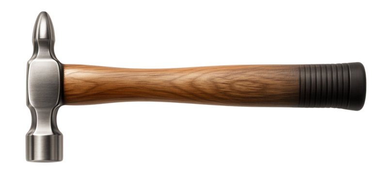 Blacksmith's pick hammer with a rounded peen and hickory handle for shaping metal.