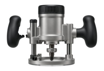 Heavy-duty hand router with dual handles and adjustable depth control, used for shaping wood in a building site.