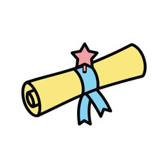 Icon set diploma clip art for preschool students, depicting educational elements for classroom learning, university, academic aspirations, graduation, wisdom, progress, opportunity.