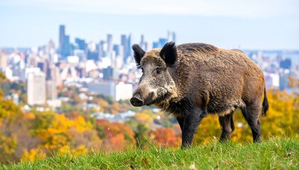 Wild boar in autumnal landscape with cityscape in background